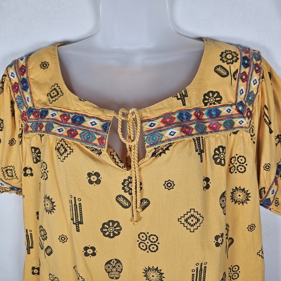 Ryan Michael Top Women's XL Mustard Embroidered Southwestern AOP Tie Neck Cotton - Picture 7 of 13